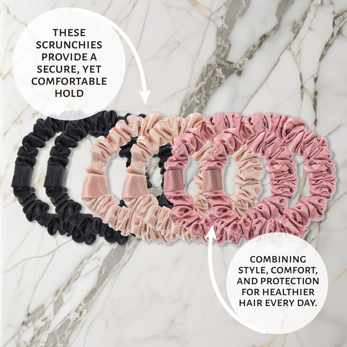 Market Fresh Beauty 100% Mulberry Silk Skinny Hair Scrunchies, 6 Pack - Silk Hair Ties for All Hair Types, Prevents Hair Breakage & Crease-Free Hold - Elegant Beige, Blush Pink, Black