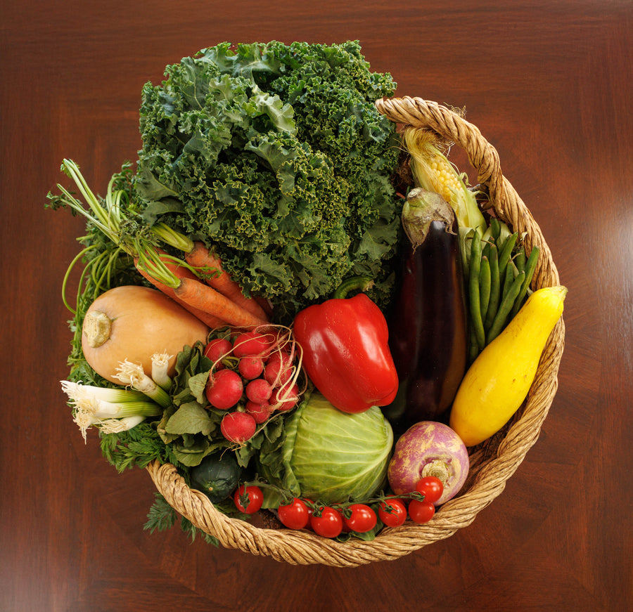 Basket of fresh vegetables illustrating possible garden crops