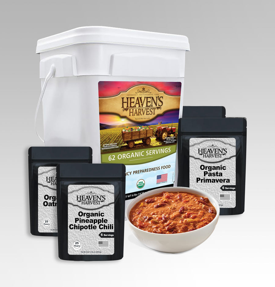 Organic emergency food bucket with pouches and a prepared meal, serving suggestion