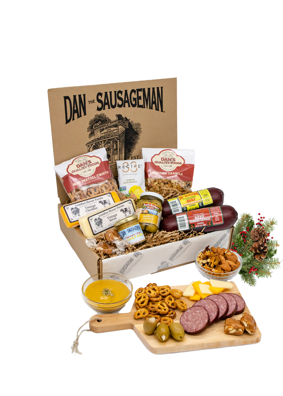 Orca sausage and cheese snack gift box with holiday greenery; board not included