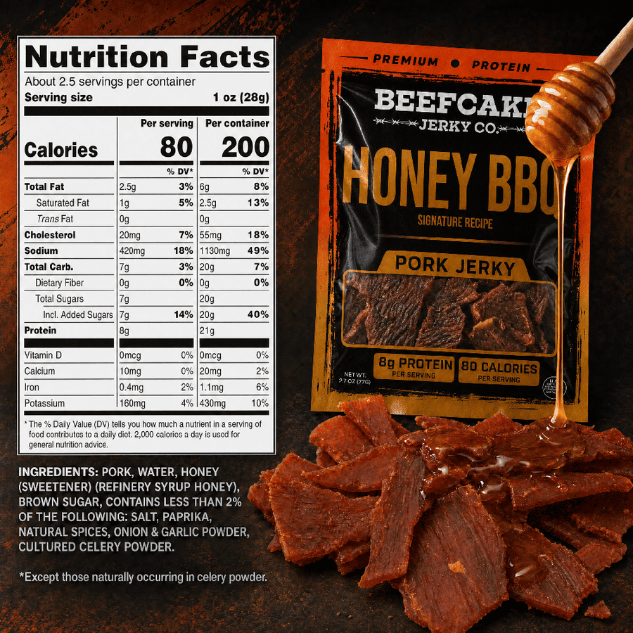 Honey BBQ Pork Jerky current nutrition and ingredient panel showing 8 g protein and 80 calories per 1 oz serving