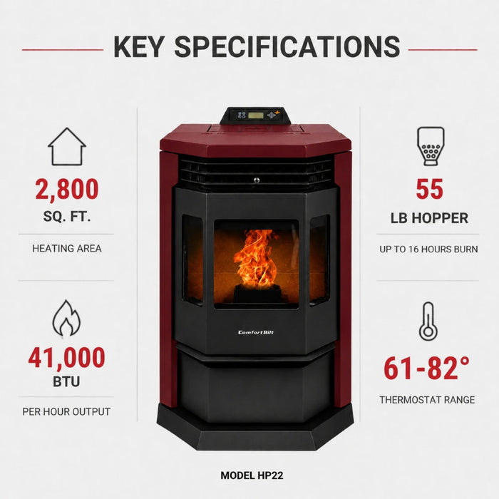 HP22-Burgundy 2,800 sq. ft.  Pellet Stove with 55-lb Hopper in Burgundy