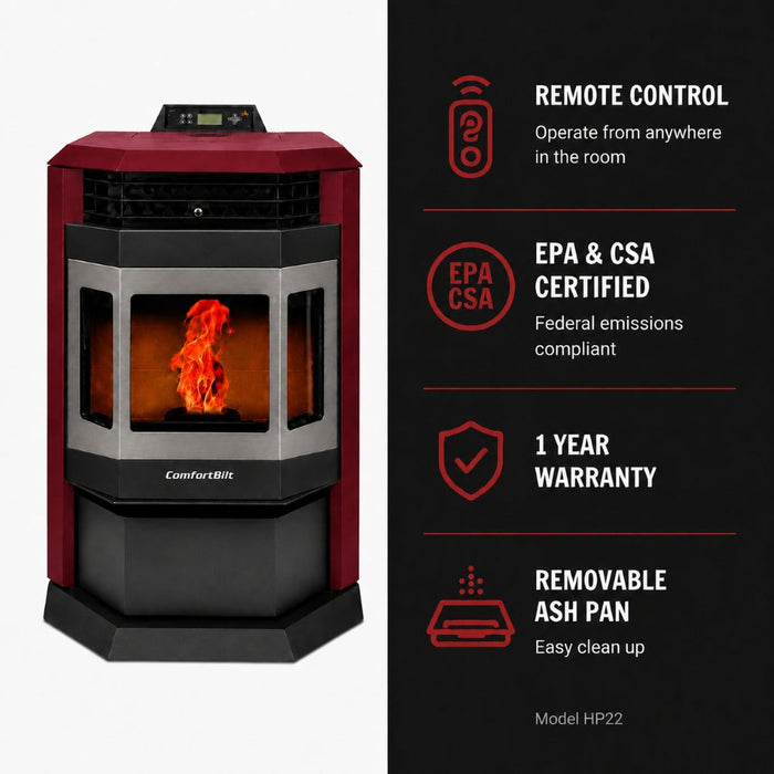 HP22-Burgundy-SS 2,800 sq. ft. Pellet Stove with 55-lb Hopper in Burgundy and Stainless Steel Trim