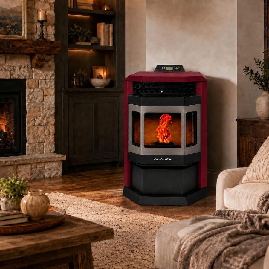 HP22-Burgundy-SS 2,800 sq. ft. Pellet Stove with 55-lb Hopper in Burgundy and Stainless Steel Trim