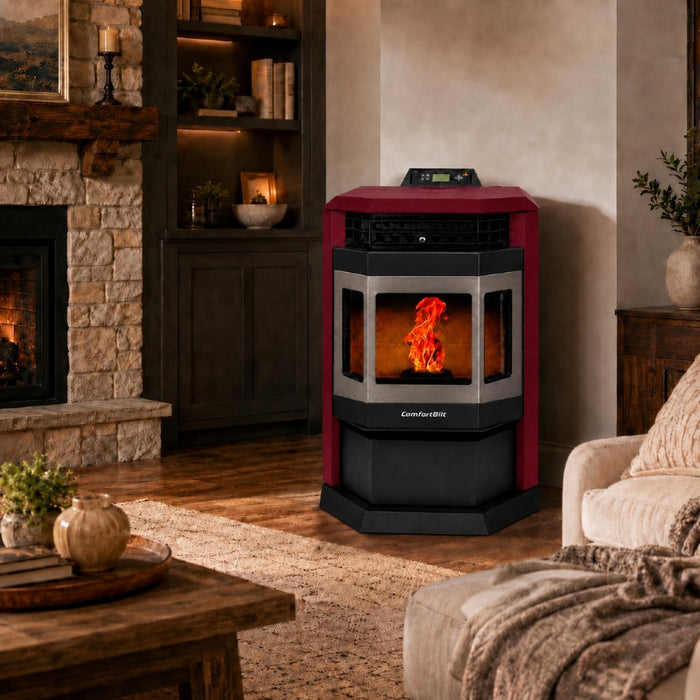 HP22-Burgundy-SS 2,800 sq. ft. Pellet Stove with 55-lb Hopper in Burgundy and Stainless Steel Trim