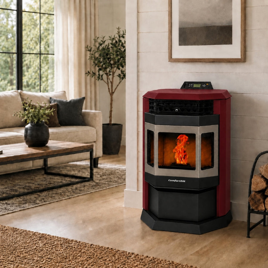 HP22-Burgundy-SS 2,800 sq. ft. Pellet Stove with 55-lb Hopper in Burgundy and Stainless Steel Trim