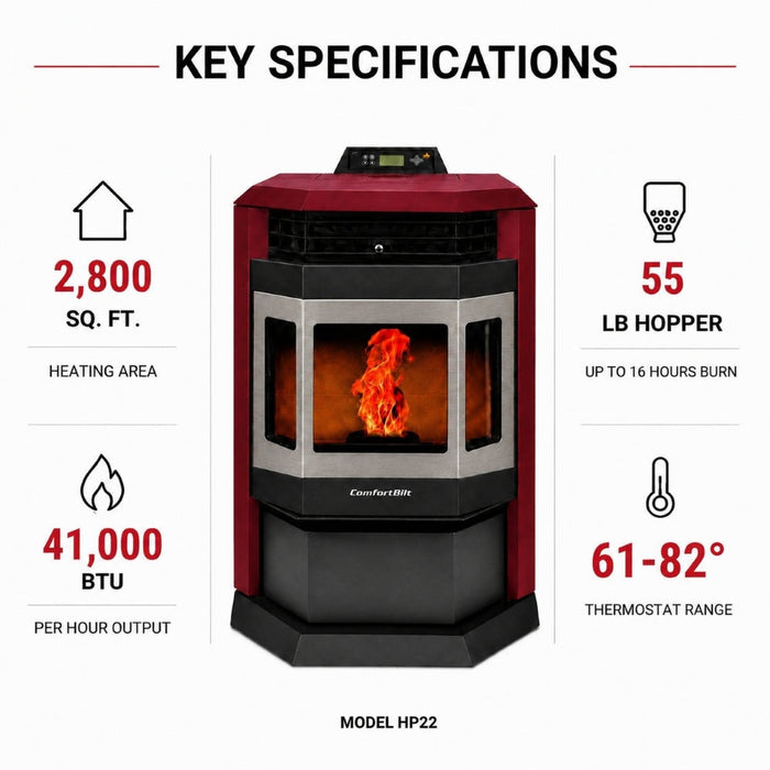 HP22-Burgundy-SS 2,800 sq. ft. Pellet Stove with 55-lb Hopper in Burgundy and Stainless Steel Trim