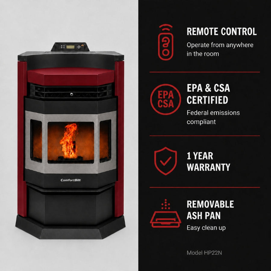 HP22N-Burgundy-SS 2,800 sq. ft. Pellet Stove with an 80-lb Hopper in Burgundy with Stainless Steel Trim