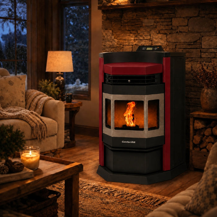 HP22N-Burgundy-SS 2,800 sq. ft. Pellet Stove with an 80-lb Hopper in Burgundy with Stainless Steel Trim