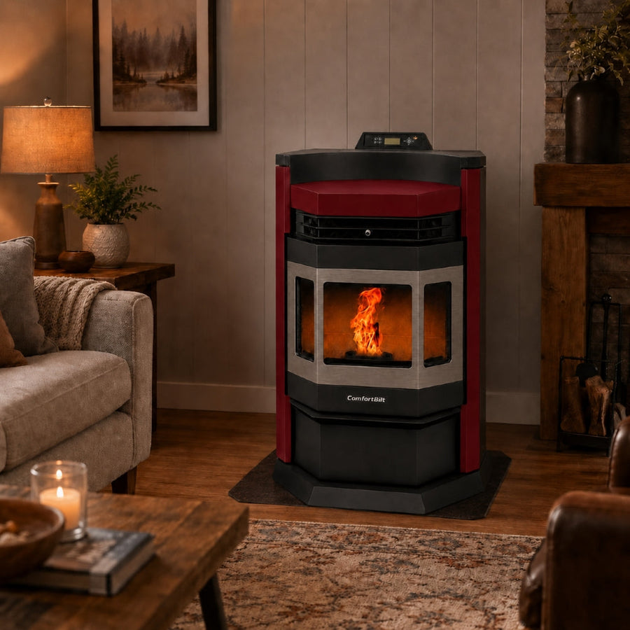 HP22N-Burgundy-SS 2,800 sq. ft. Pellet Stove with an 80-lb Hopper in Burgundy with Stainless Steel Trim
