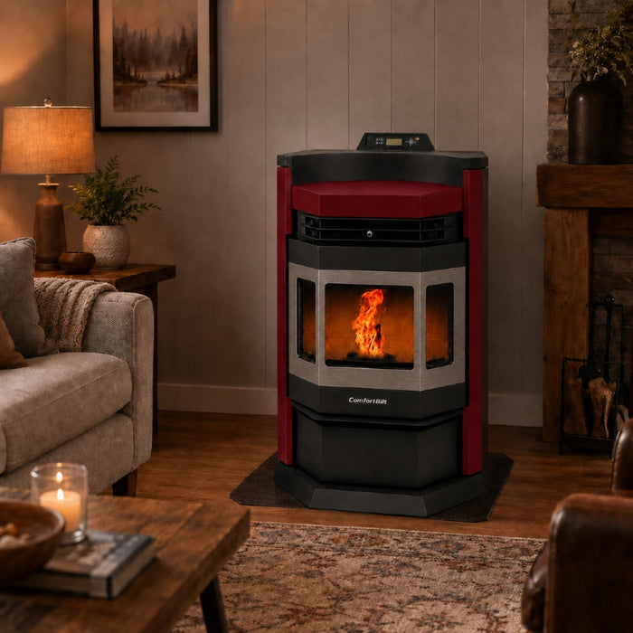 HP22N-Burgundy-SS 2,800 sq. ft. Pellet Stove with an 80-lb Hopper in Burgundy with Stainless Steel Trim
