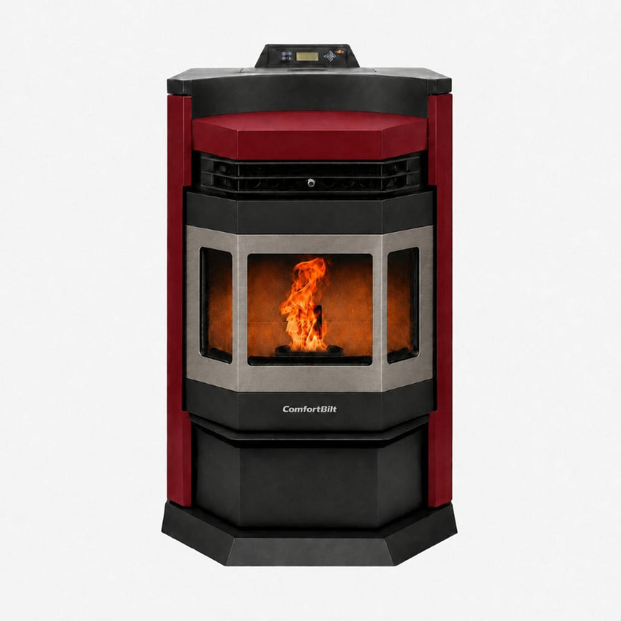 HP22N-Burgundy-SS 2,800 sq. ft. Pellet Stove with an 80-lb Hopper in Burgundy with Stainless Steel Trim
