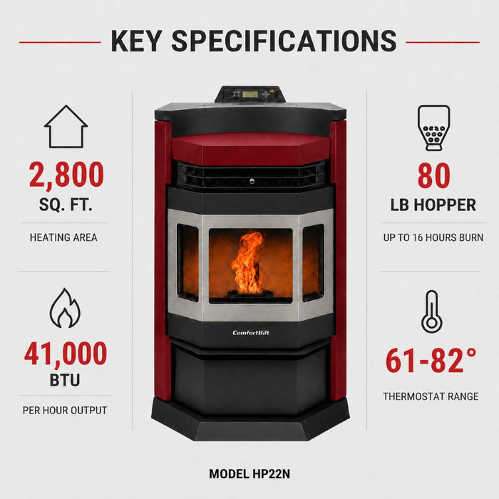 HP22N-Burgundy-SS 2,800 sq. ft. Pellet Stove with an 80-lb Hopper in Burgundy with Stainless Steel Trim