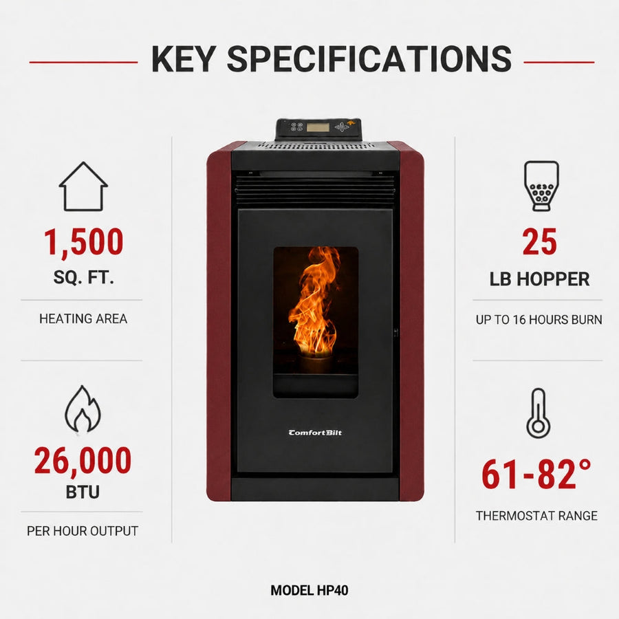 Alpine HP40 1,500 sq. ft. Small Pellet Stove with a 25-lb Hopper in Burgundy