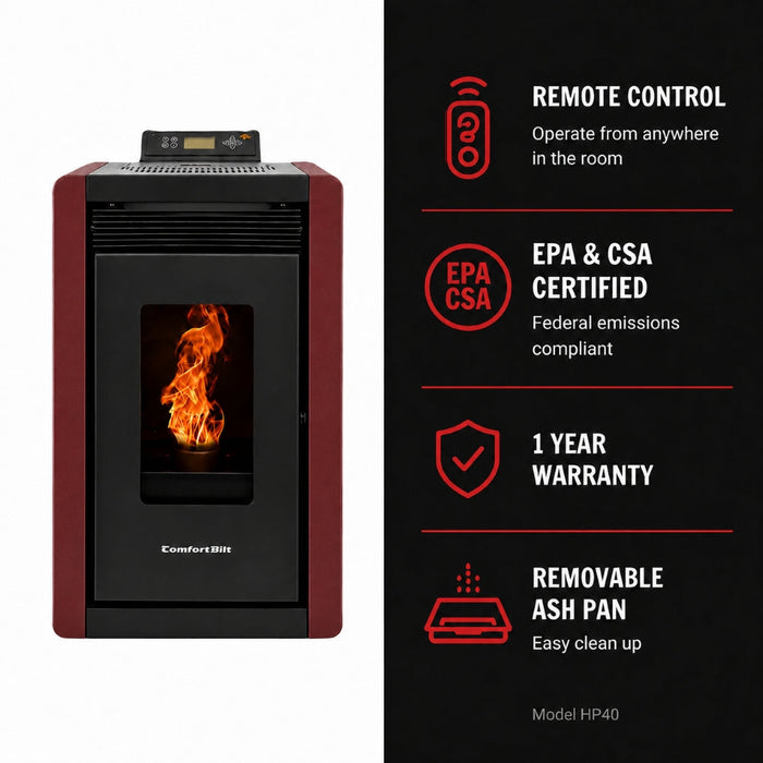 Alpine HP40 1,500 sq. ft. Small Pellet Stove with a 25-lb Hopper in Burgundy