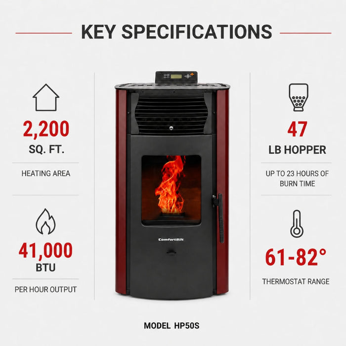HP50S-Burgundy 2,200 sq. ft. Pellet Stove with a 47-lb Hopper in Burgundy