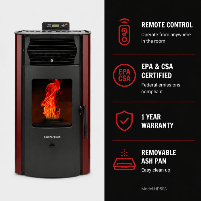 HP50S-Burgundy 2,200 sq. ft. Pellet Stove with a 47-lb Hopper in Burgundy