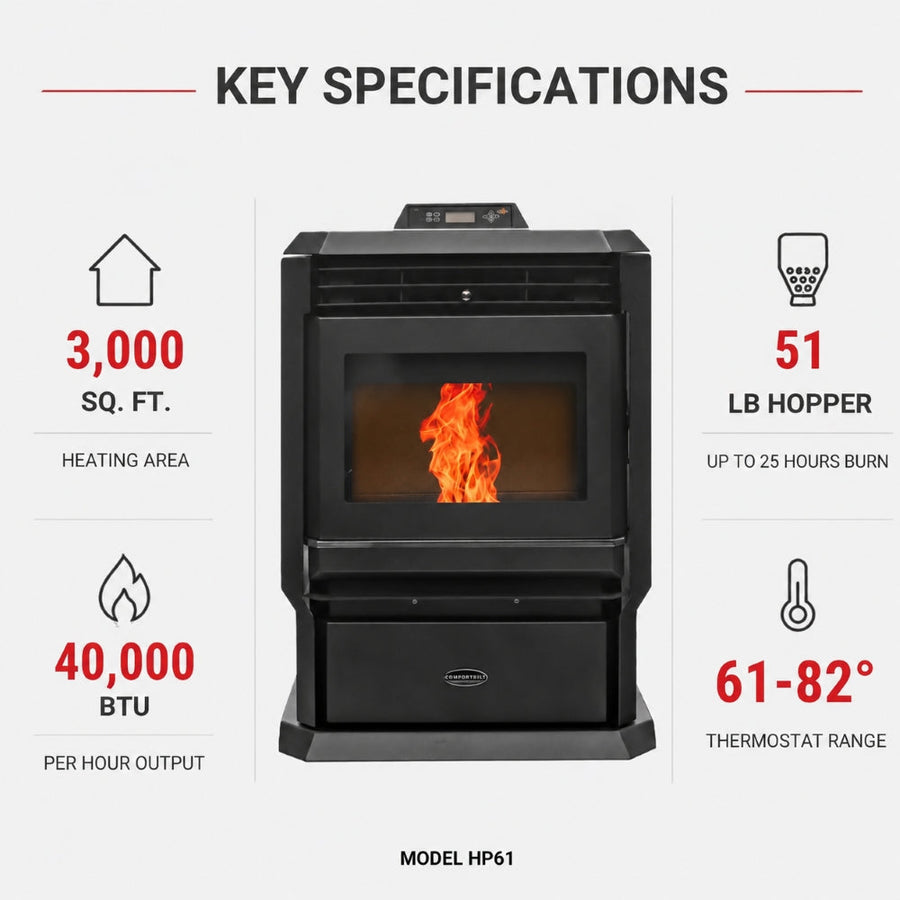 HP61-Black 3,000 sq. ft. Pellet Stove with a 51-lb Hopper in Black