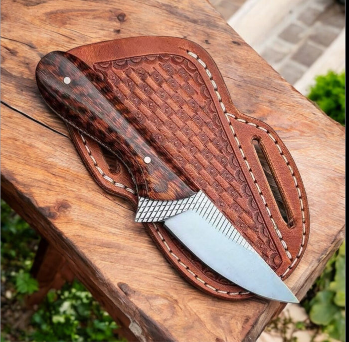 Handcrafted Western Knife – 8" Snake Wood Handle with Leather Sheath