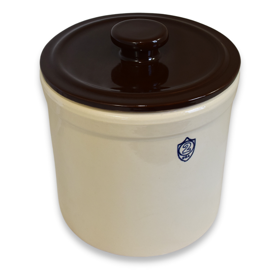 2-Gallon Stoneware Crock Handled Cover shown with a separate matching crock