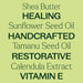 shea butter, sunflower seed oil, tamanu seed oil, calendula extract. healing, handcrafted, restorative, vitamin e