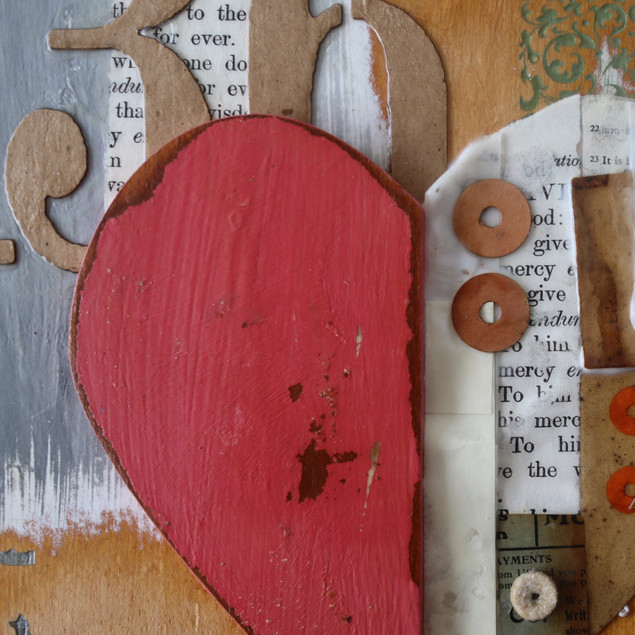 His Love Endures Forever collage art print with hearts, lettering, and vintage paper imagery.