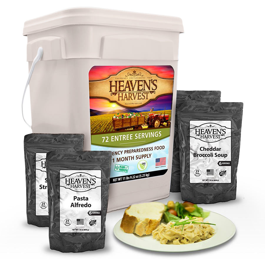 Entree bucket with separate pouches and a prepared meal, serving suggestion