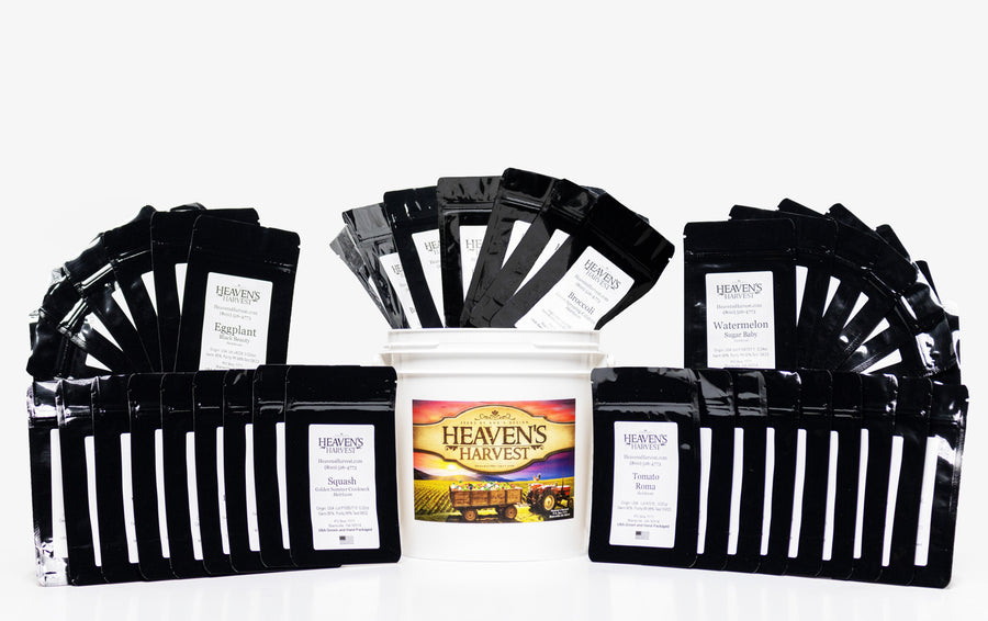 Heaven's Harvest seed bucket with individually labeled seed packets