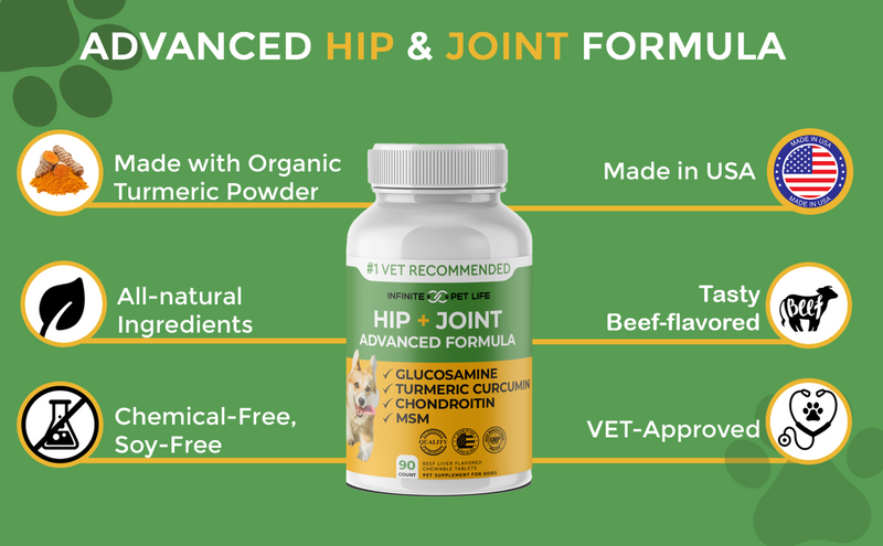 Hip & Joint Advanced Formula - 90 Mobility & Dog Joint Pain Relief Chews - Glucosamine, Chondroitin, MSM, & Turmeric for Superior Joint Health by Infinite Pet