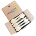 Open cardboard box printed with the HolyCity Straw Co. logo, filled with stacks of natural bamboo spoons, displayed on a black background.