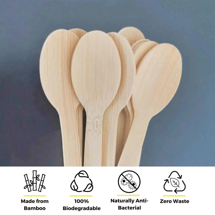 A bundle of bamboo spoons by Holy City Straw Co. grouped together on a dark background, showcasing the product's smooth, natural texture. Accompanying eco-friendly feature icons below highlight that the spoons are Made from Bamboo, 100% Biodegradable, Liquid/Heat Resistant, and contribute to Zero Waste