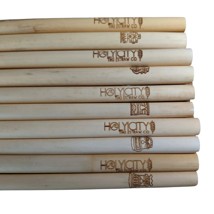 Holy City Straw Company Tiki Collector Series Branded Reed Straws 10 pack with alternating holy city and tiki mask closeup
