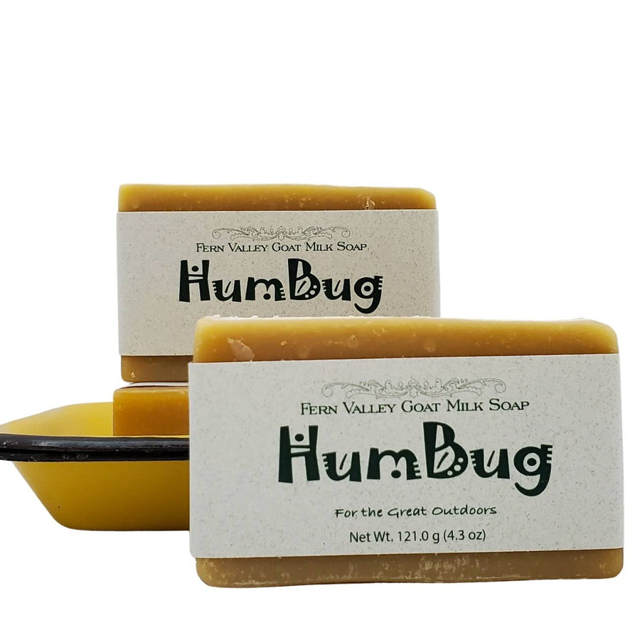 Humbug Tea Tree & Peppermint goat milk soap — bar on a decorative soap dish