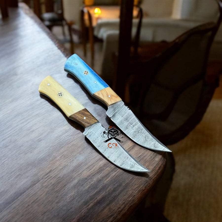 Hand-Forged Damascus Hunting Knife Set 8” Full Tang Blades Bone Handle