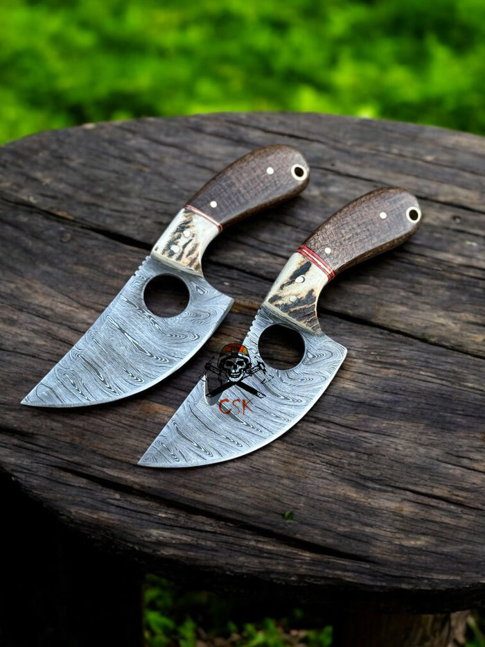 Hand-Forged Damascus Steel Cleaver Knife Set with Finger Hole