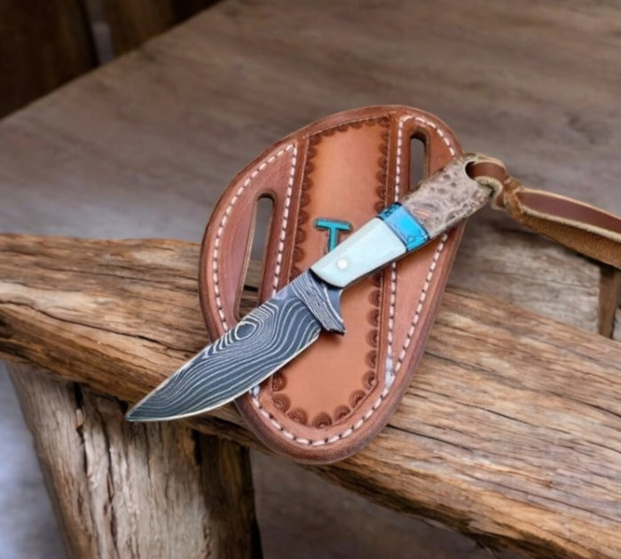 Turquoise Inlay Knife Handmade Damascus Cowboy Knife