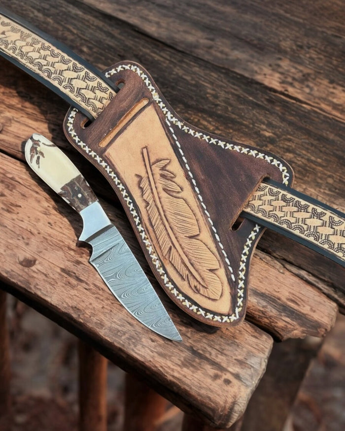 Handmade Damascus Belt Knife – Epoxy Pine Cone Handle