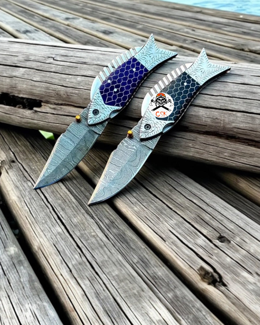 Honeycomb Handle Fish Folding Pocket Knife Set 7" Damascus Steel Pocket Knife