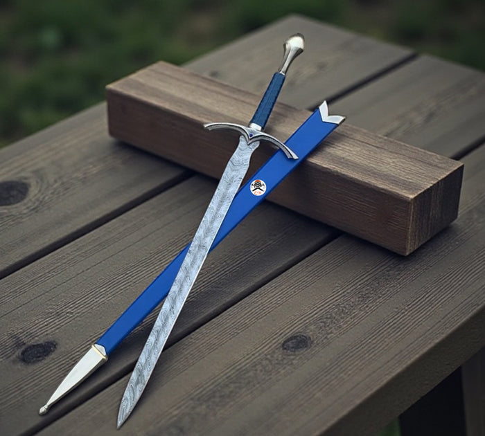 Damascus Steel Fantasy Sword – Medieval Replica with Blue Leather Handle & Royal Blue Scabbard