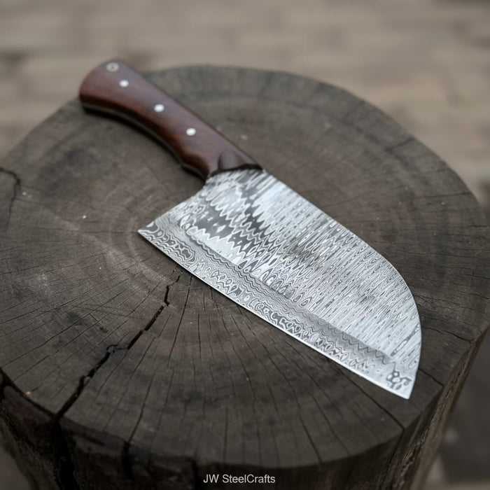 10-Inch Damascus Camp Cleaver — 5.5 Inch Blade, Tali Wood Handle, Silver Pins & Black Spacer