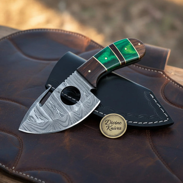 Jadestack Green Pakkawood Cutout Gut Hook Skinner with Banded Handle
