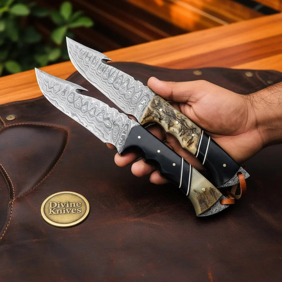 Buffalo & Ramhorn Gut Hook Knife Set with Natural Horn Handles