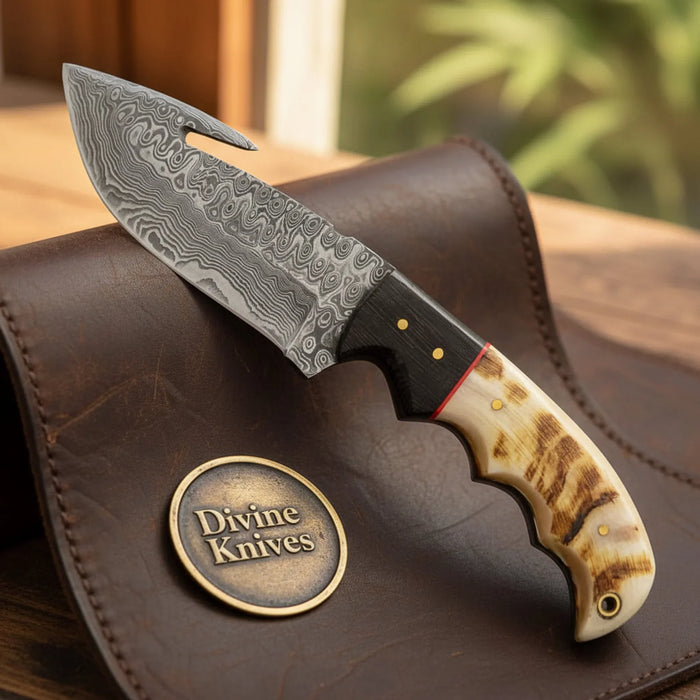 Hooktip Staghorn Damascus Gut Hook Skinner with Carved Finger Grooves