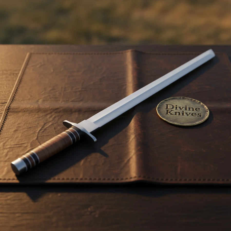 Polished Steel Tanto Sword with Wrapped Handle and Leather Sheath