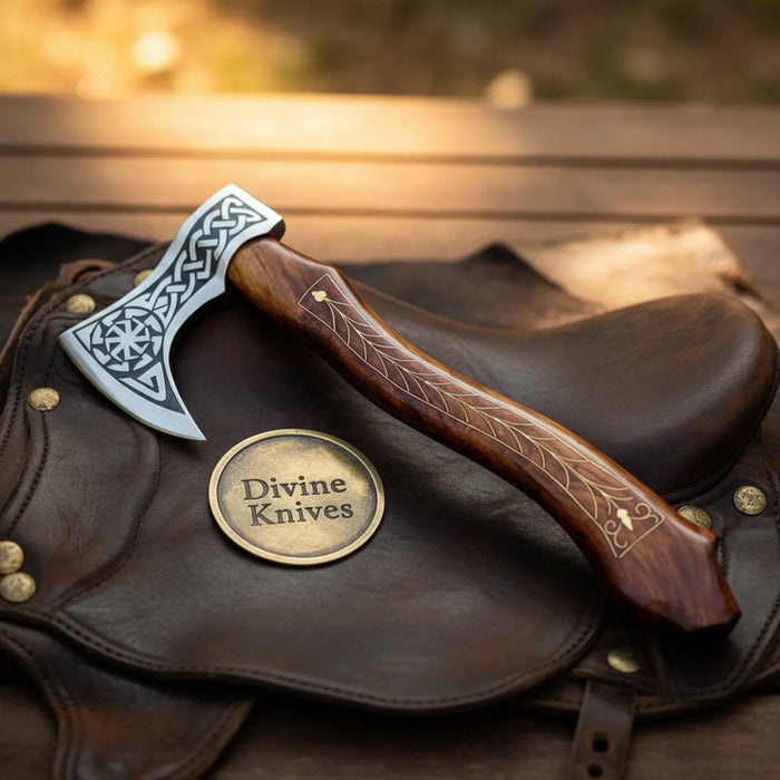 Longship Norse Engraved Viking Axe with Bearded Head and Inlaid Rosewood Haft