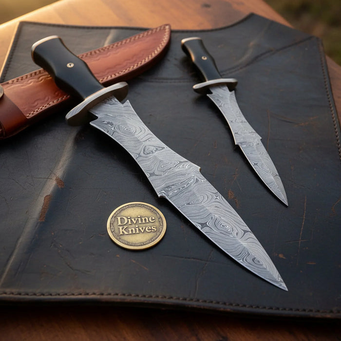 Horn Handle Dagger Knife Set of 2 with Steel Guard and Tooled Leather Sheath