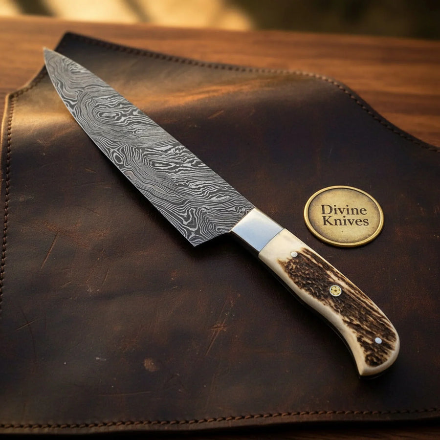 Stag Handle Chef Knife with Polished Steel Bolster and Hand Forged Layered Blade