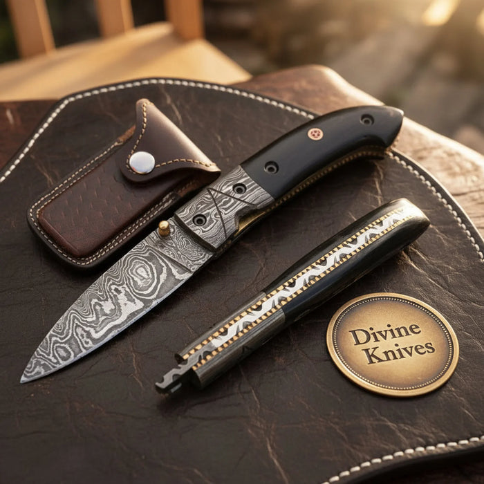 Slim Horn Handle Gentleman Folder with Forged Bolsters and Snap Close Leather Pouch