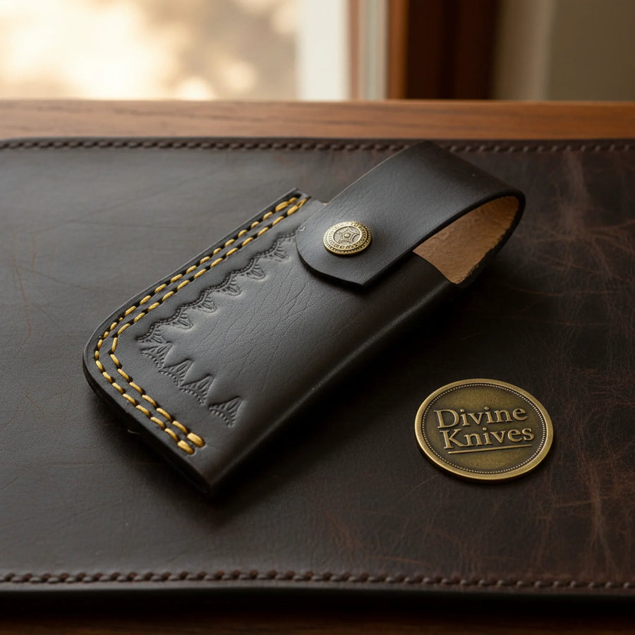 Engraved Brass Bolster Damascus Folder with Turquoise Scales and Sharpening Rod