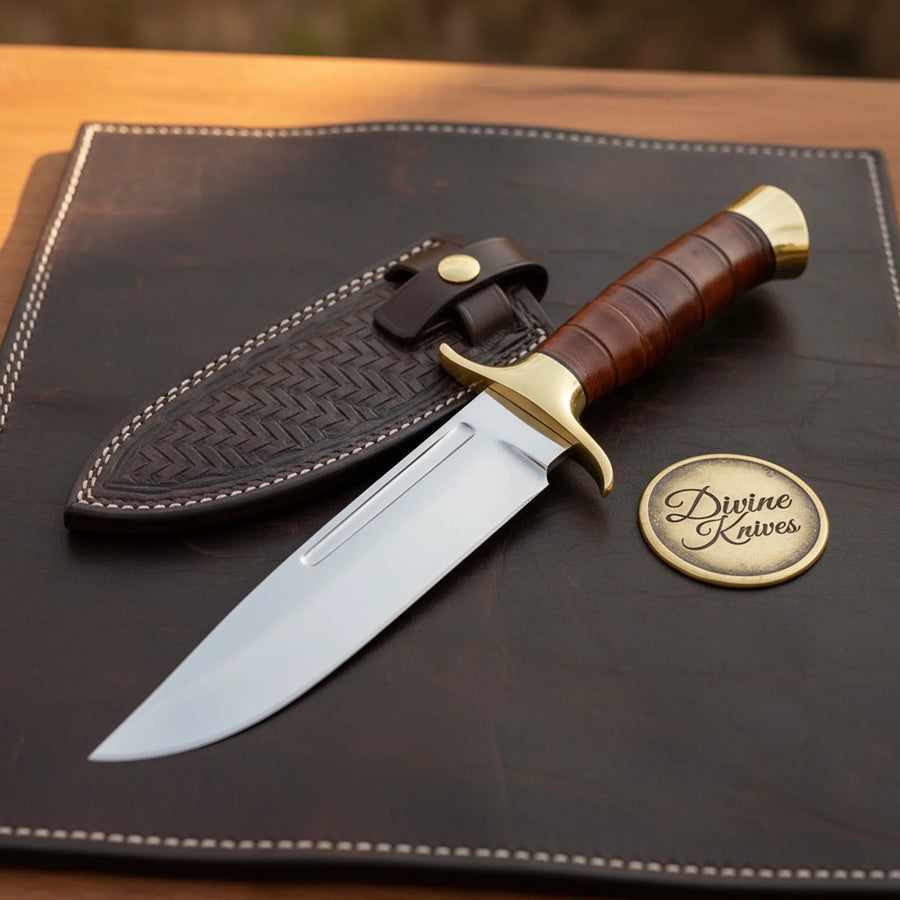Leather Washer Handle Bowie Knife with Fullered Clip Point Blade and Herringbone Sheath